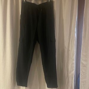 Women’s Black Cargo cotton linen Pants - Classic Utility Style. Drawstring waist